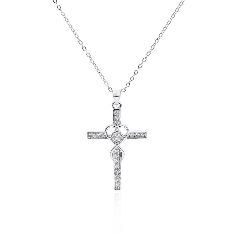 Kreative herzförmige Kreuzkette aus 925er Sterlingsilber mit modischen, schlichtem Kreuz - Si.Kreativkauf