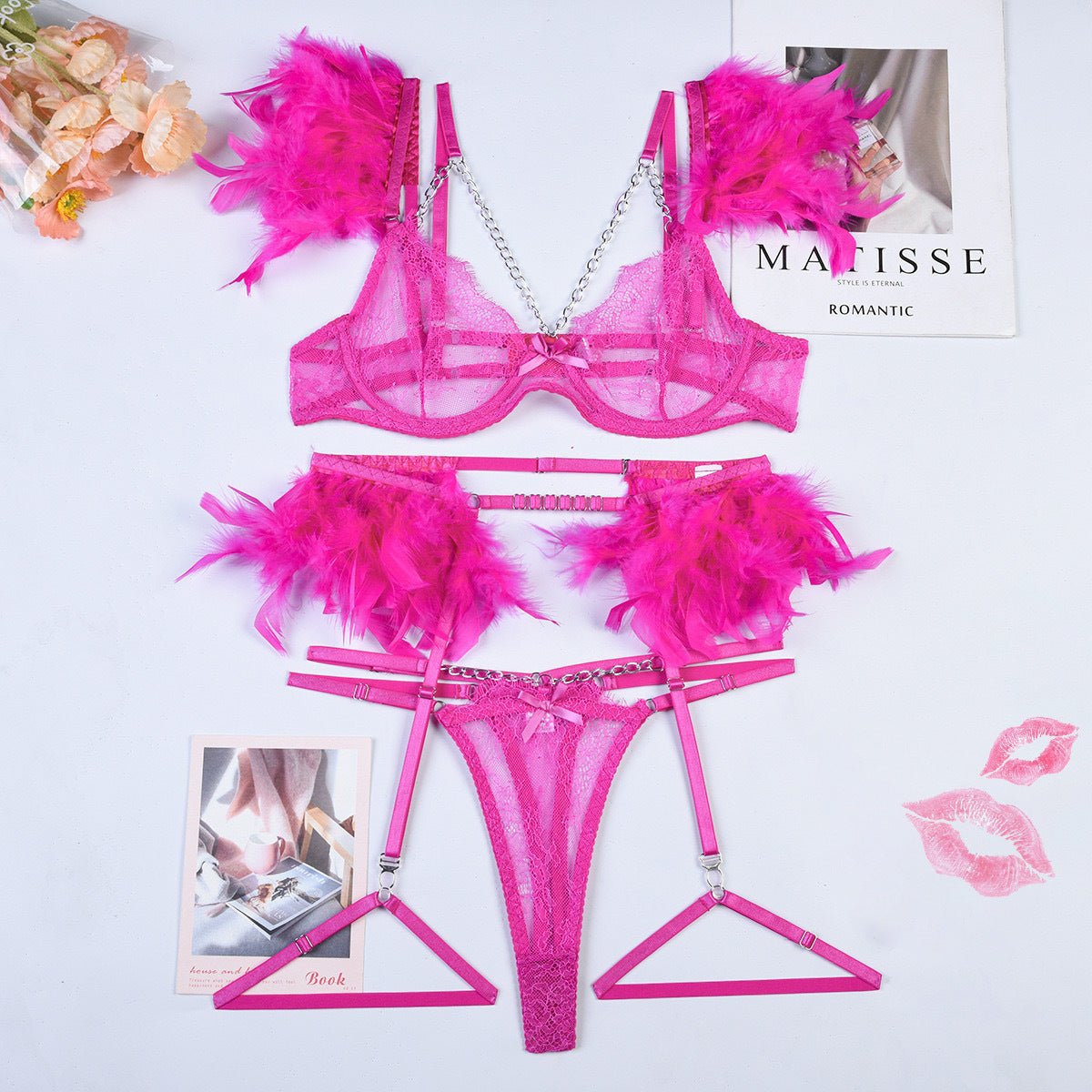 Sexy Dessous - Set aus Federspitze mit Metallkette – 4 - teiliges, verführerisches Set für besondere Anlässe - Si.Kreativkauf