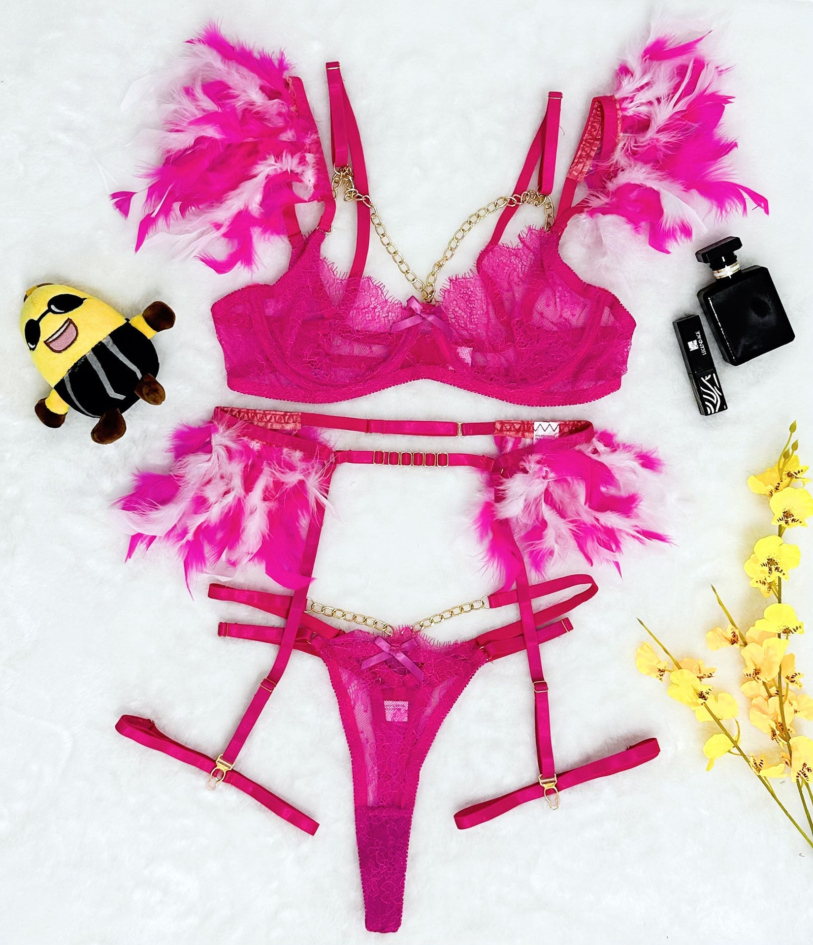 Sexy Dessous - Set aus Federspitze mit Metallkette – 4 - teiliges, verführerisches Set für besondere Anlässe - Si.Kreativkauf